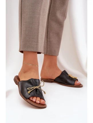 Kožené Ploché Elegantní Pantofle S Mašlí Lewski 3572 Černé