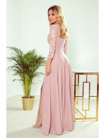 Elegantní dlouhé šaty s krajkovým výstřihem Numoco AMBER - pudrově růžové