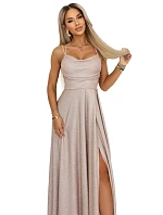 589-4 Dlouhé šaty s jemným třpytem a korzetovým zavazováním na zádech - béžovo-růžové s třpytkami