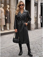 Dlouhý černý dámský dvouřadý kabát s páskem FashionStreet NY0780