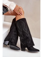 Zdobené kozačky s ohrnutým svrškem na podpatku černé Ivilta
