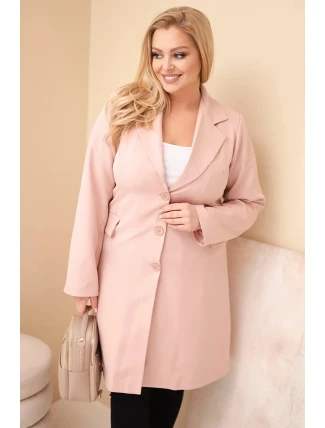 Dámský kabát Plus Size dlouhý s límcem a kapsami tmavě pudrově růžový