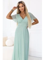 635-8 MELANIA dlouhé třpytivé šaty s výstřihem a krátkými rukávy - pistáciová barva