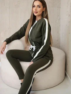 Dámská bavlněná souprava s proužky a stahovacími lemy khaki