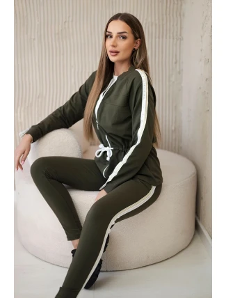 Dámská bavlněná souprava s proužky a stahovacími lemy khaki