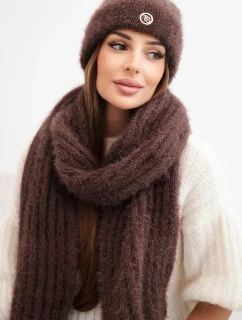 Dámský komplet čepice a dlouhý šátek z měkké příze hnědý