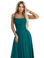 589-6 Maxi šaty bez ramínek s korzetovým zavazováním na zádech a rozparkem - lahvově zelené