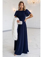 694-4 MIRELLA Elegantní maxišaty s rozšiřujícím se střihem a flitrovými rukávy – tmavě modré 694-4 MIRELLA Elegantní maxišaty s rozšiřujícím se střihem a flitrovými rukávy – tmavě modré