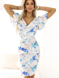 479-8 Šaty NINA s obálkovým výstřihem, rukávy a páskem - MODRÉ KVĚTY