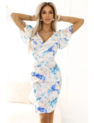 479-8 Šaty NINA s obálkovým výstřihem, rukávy a páskem - MODRÉ KVĚTY