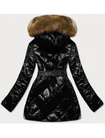 Černo/hnědá lesklá zimní bunda s mechovitou kožešinovou podšívkou (w756)
