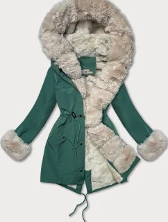 Dámská bunda parka ve tmavě mátové barvě s kožešinovou podšívkou Way Mode (22988)