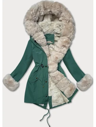 Dámská bunda parka ve tmavě mátové barvě s kožešinovou podšívkou Way Mode (22988)