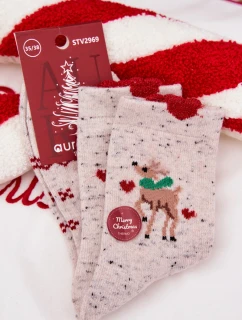 Dámské vánoční ponožky s sobem a srdíčky vlněná alpaka šedá