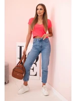 Dámská pruhovaná blůza s V výstřihem a krátkým rukávem neonově růžová