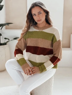 Dámský pruhovaný svetr CALVENA camel green FashionStreet MY2559