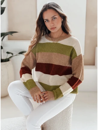 Dámský pruhovaný svetr CALVENA camel green FashionStreet MY2559