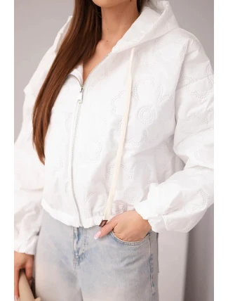 Dámská prošívaná bunda s kapucí a ozdobným květinovým ražením bílá