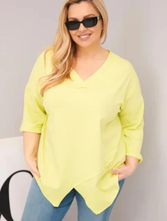 Dámská bavlněná blůza Plus Size s hlubokým V výstřihem a asymetrickým spodním lemem žlutá neon
