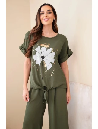 Dámský viskózový komplet s halenkou s potiskem a kalhotami khaki