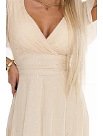 635-9 MELANIA dlouhé třpytivé svatební šaty s výstřihem a krátkými rukávy - béžové