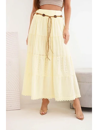 Dámská maxi bavlněná sukně s ažurovou výšivkou a elastickým pásem žlutá