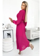 414-4 KLARA plisované šaty s páskem a výstřihem - FUKSY