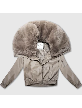 Béžová kožená bunda s velkým kožešinovým límcem Glakate (LU98090#)