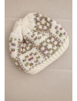 Zimní dámská čepice s barevným přízí a silným lemem K355 ecru+khaki+tmavě růžový