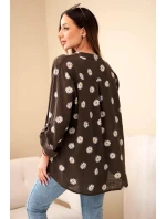 Lněná dámská květinová blůza s dlouhým rukávem a knoflíky hnědá