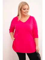 Dámská bavlněná blůza Plus Size s výstřihem do V a ohrnutým rukávem fuchsie