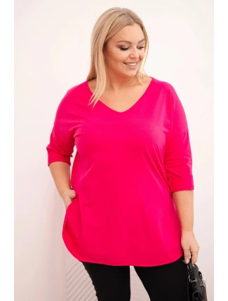 Dámská bavlněná blůza Plus Size s výstřihem do V a ohrnutým rukávem fuchsie