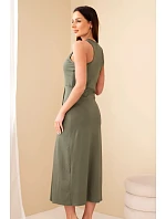 Dámské bavlněné midi šaty bez rukávů s řasením khaki