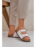 Materiálové pantofle na korkové podrážce s přezkami světle šedé Atera