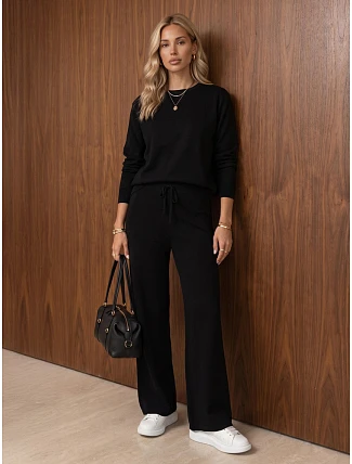 Dámský pletený komplet se širokými kalhotami, černý, FashionStreet AY1225 Dámský pletený komplet se širokými kalhotami, černý, FashionStreet AY1225