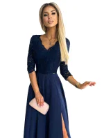 309-6 AMBER elegantní krajkové dlouhé šaty s výstřihem - ZELENÉ