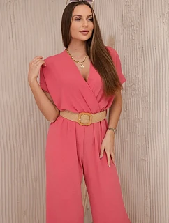 Kombinéza s ozdobným páskem v pase korálový