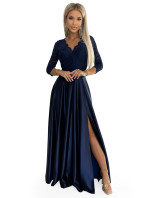 AMBER - Tmavě modré dlouhé dámské krajovo-saténové šaty s výstřihem 309-7