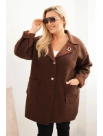 Dámský kabát Plus Size beránek s vlnou a kapsami čokoládový