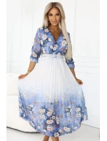 605-1 Ženské vzdušné midi šaty s obálkovým výstřihem a záhyby - modré s polními květy