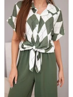 Komplet dámský viskózový košile s vázáním a kalhoty s gumou khaki