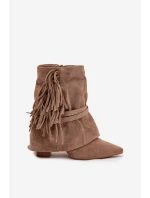 Dámské kotníkové boty na jehlovém podpatku s třásněmi a zlatými přezkami béžové Evelisse