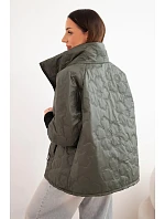 Dámská jarní prošívaná bunda s ozdobnou ražbou a zipem khaki