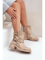 Dámské Kožené Kotníkové Boty Na Nízkém Bloku Podpatku S Pásky Zazoo 3644 Béžové