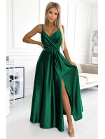 JULIET - Elegantní dlouhé dámské saténové šaty v lahvově zelené barvě s výstřihem 512-1