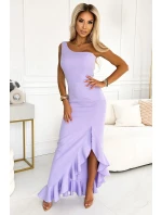 317-6 Dlouhé šaty s volánkem a asymetrickým výstřihem - levandulová barva 317-6 Dlouhé šaty s volánkem a asymetrickým výstřihem - levandulová barva
