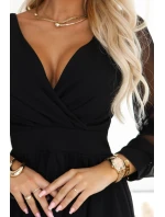 657-1 Elegantní midi šaty s obálkovým výstřihem a tylovými rukávy - černé