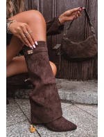 Kozačky Eko Semišový Podpatky Na Zip Zateplené Ohnutý Svršek Čokoládové Evyra