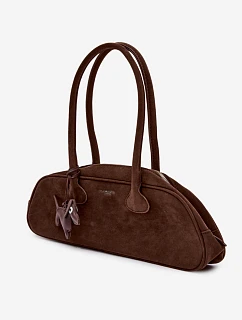 Hnědá baguette kabelka z imitace semiše s přívěskem jezevčík Annette