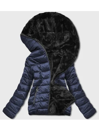 Tmavě modrá oboustranná dámská bunda - kožíšek (b8051-3) Tmavě modrá oboustranná dámská bunda - kožíšek (b8051-3)